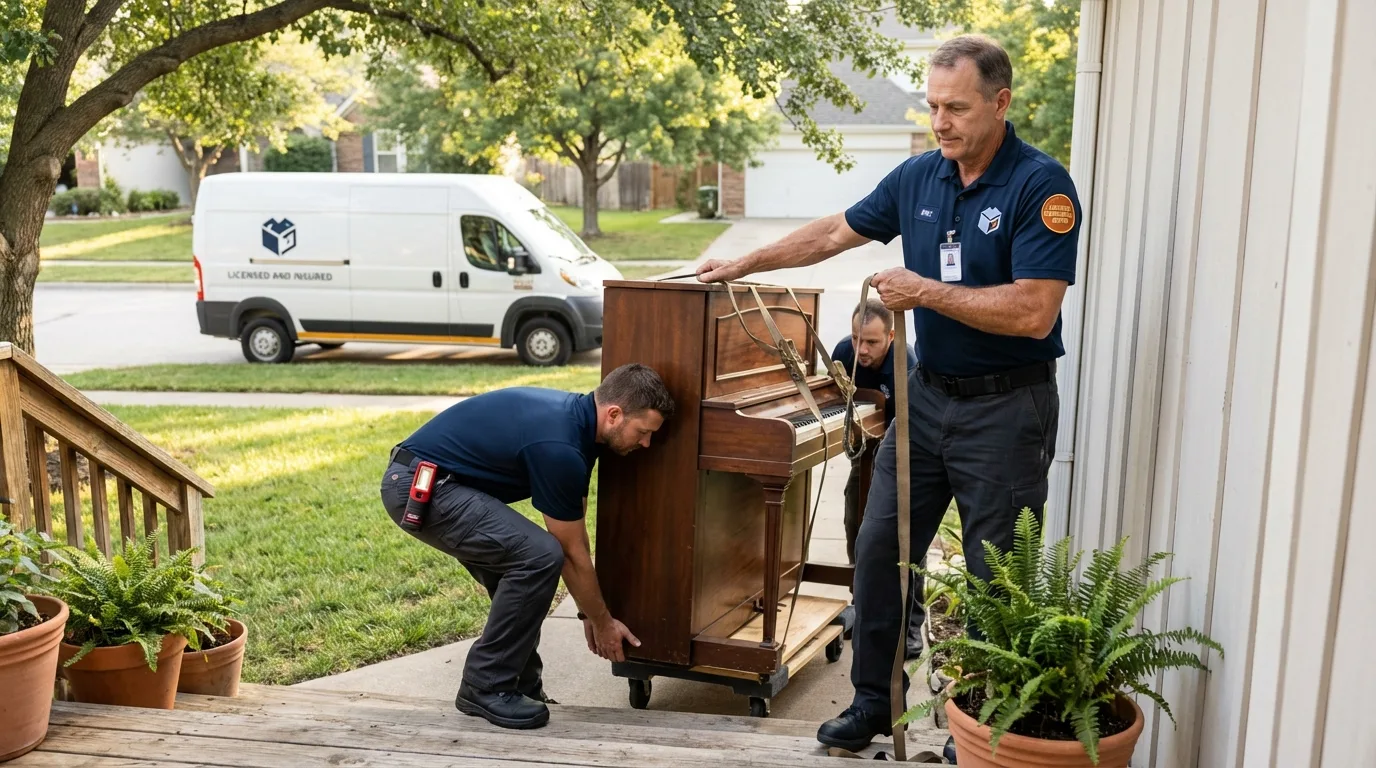 Licensed piano movers securing grand piano in Woodbine, NJ