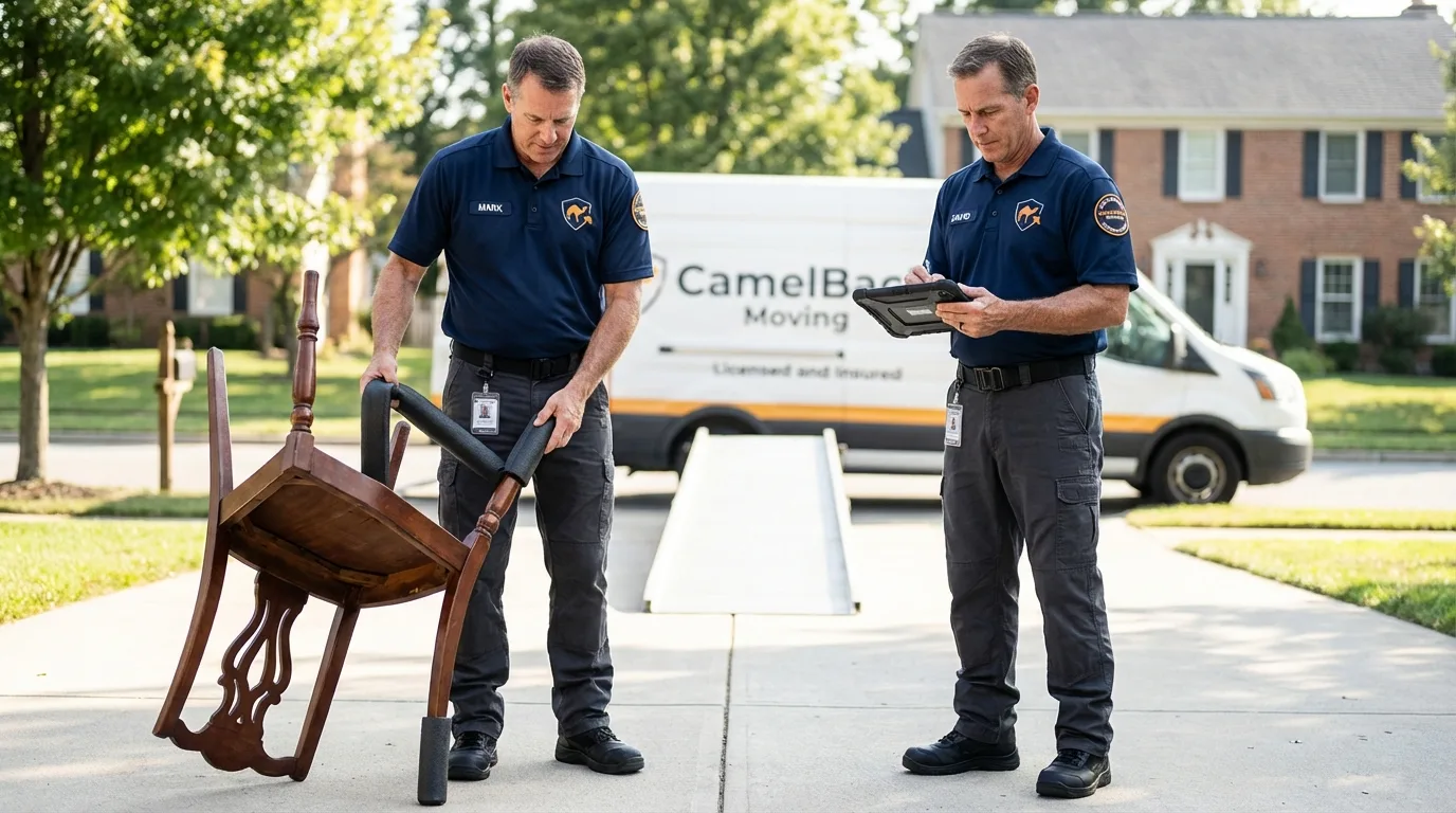 Movers inspecting furniture for damage prevention before loading in Woodbine, NJ