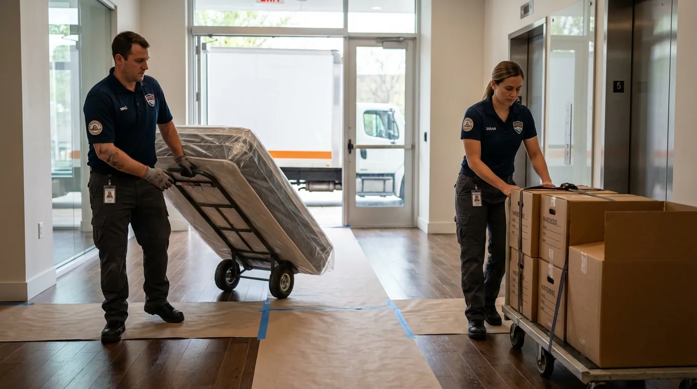 Professional apartment movers loading elevator in Woodbine, NJ