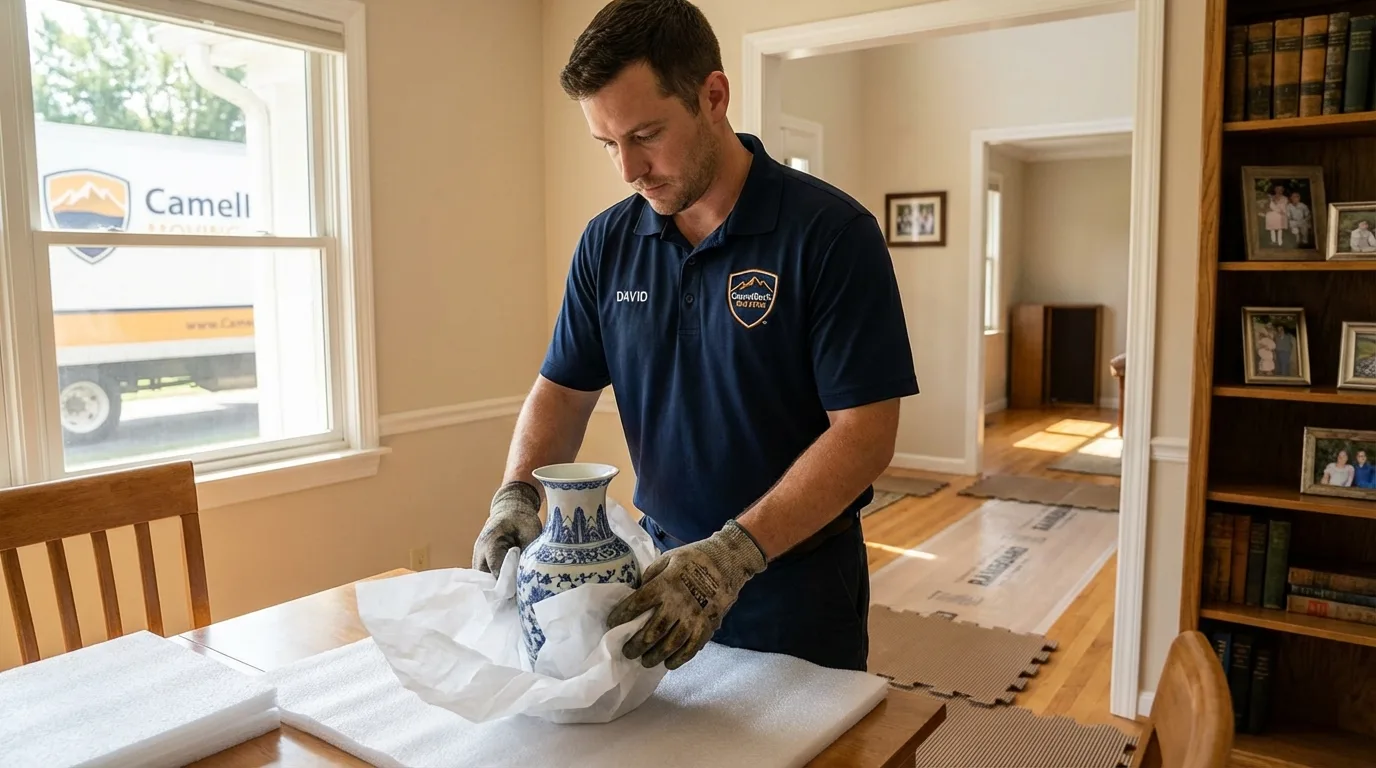 Professional crew carefully wrapping antique vase for senior downsizing move in Woodbine, NJ